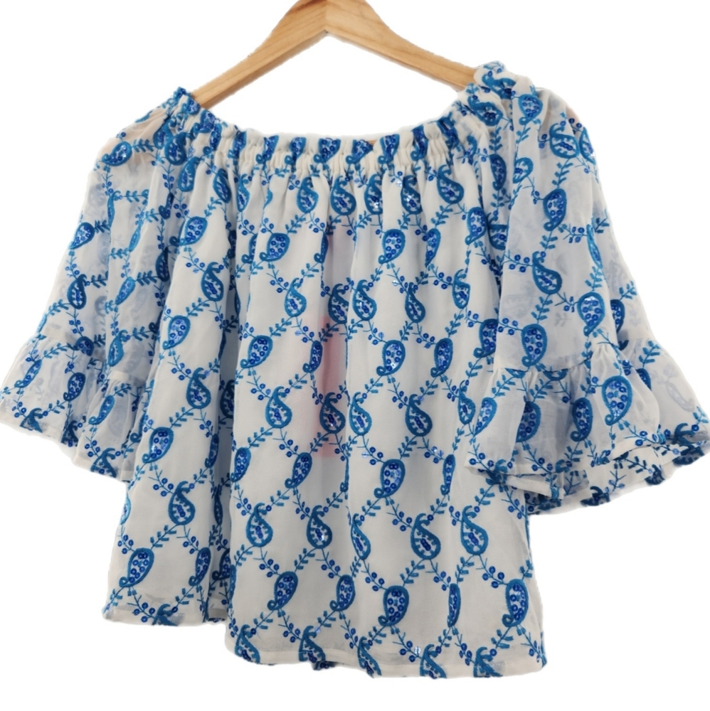 Lilliy Pulitzer Alva Top Paisley Embroidered Sequin Baha Blue size XXS